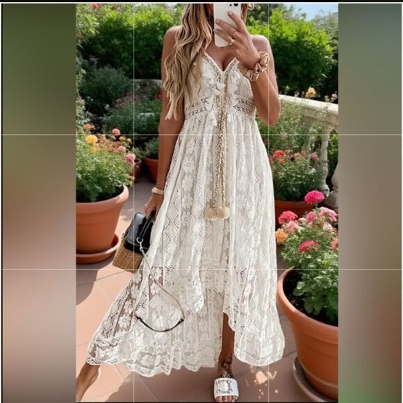 Unbranded Dresses & Skirts - Women's Lace Hollow Out Tassel Trim V Neck Bohemian Maxi Dress L